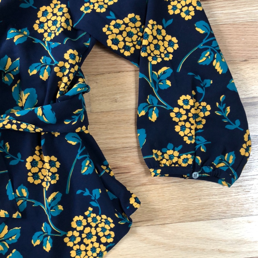 J. Crew Navy Blue Floral Wrap Blouse with Yellow Flowers - Picture 5 of 8